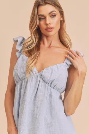 Blue Sweetheart Neck Ruffled Strap Top