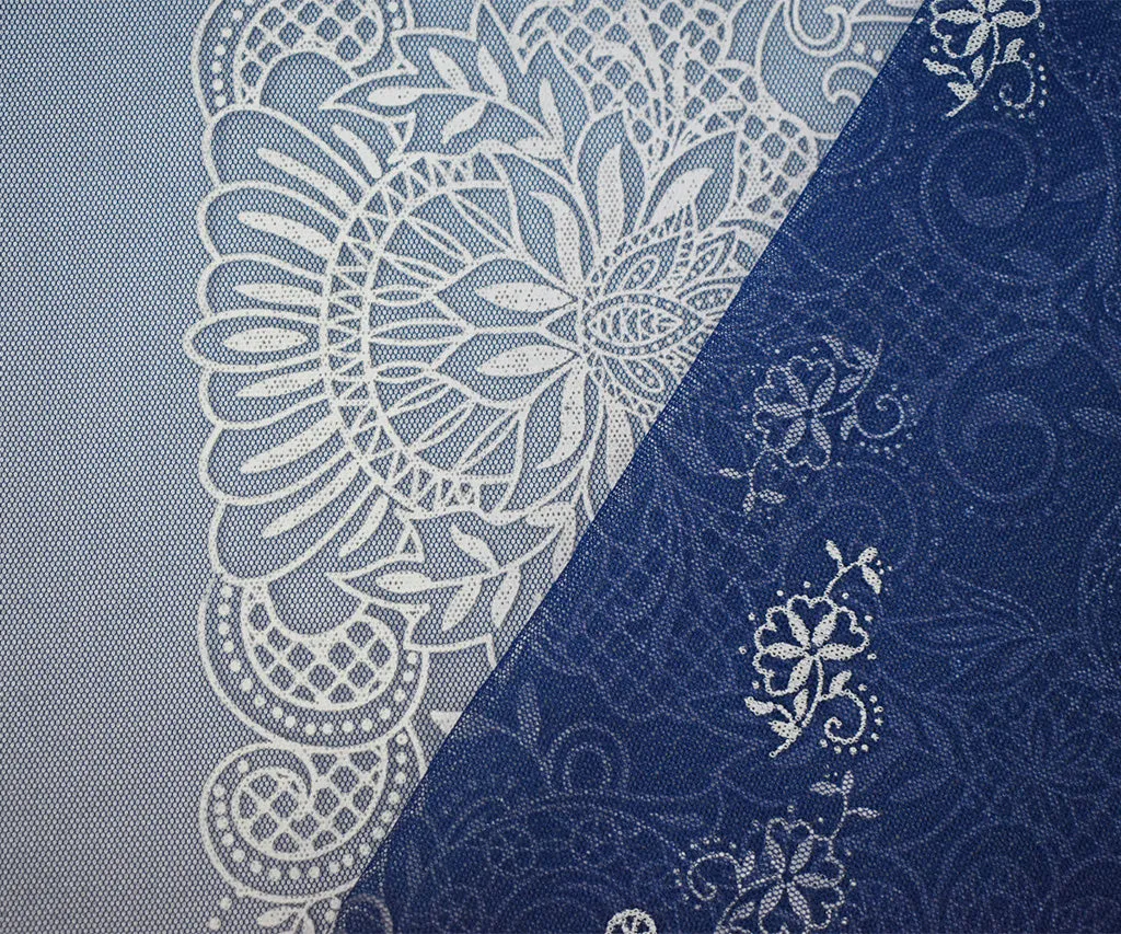 Blue-White Nylon Floral Border Printed Mesh Tulle Knit Fabric