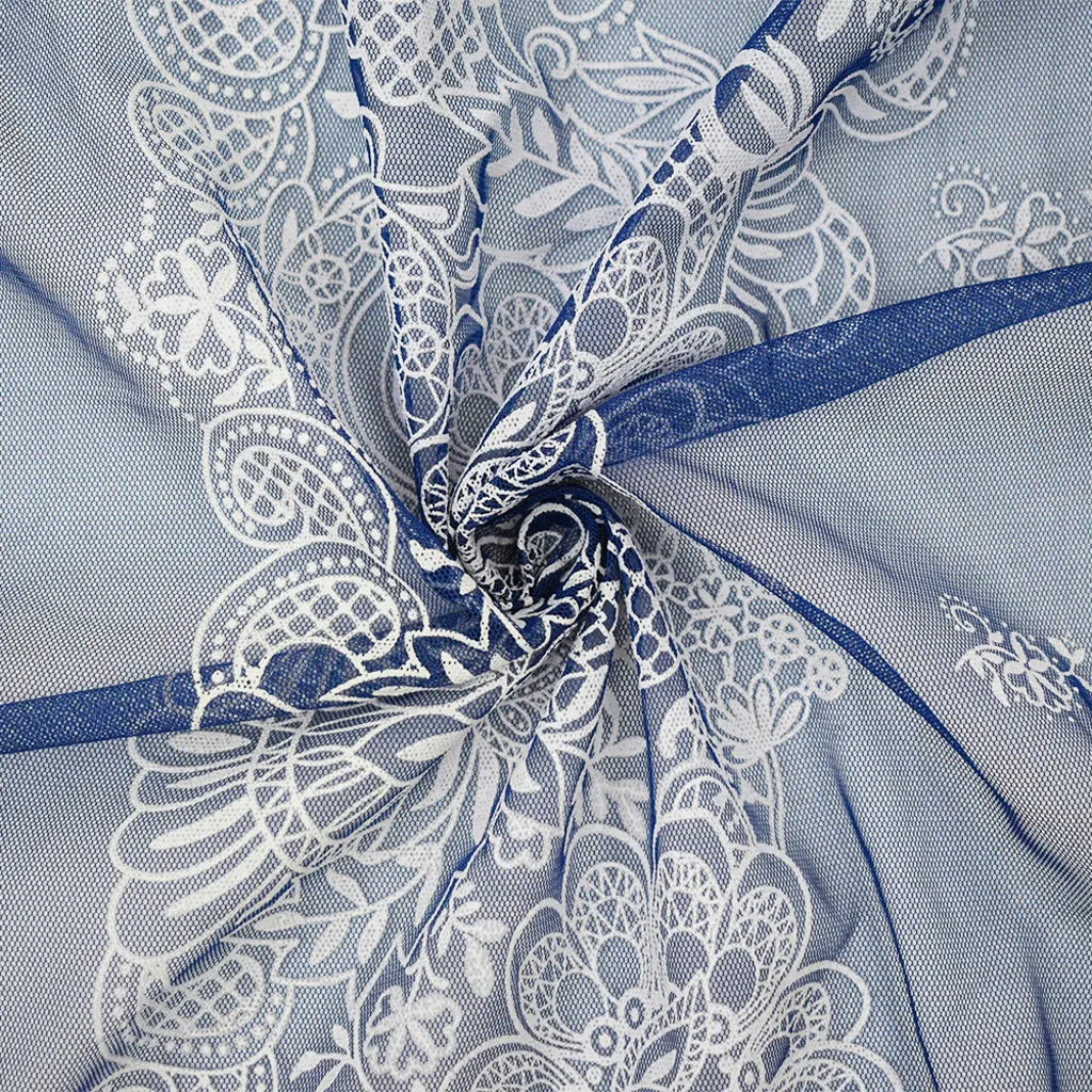 Blue-White Nylon Floral Border Printed Mesh Tulle Knit Fabric