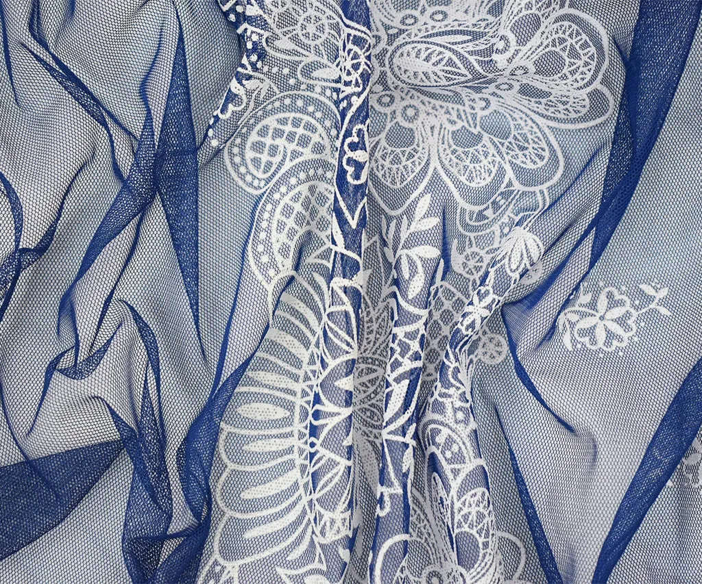Blue-White Nylon Floral Border Printed Mesh Tulle Knit Fabric