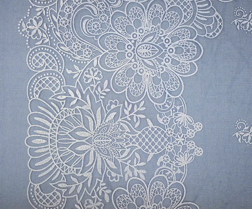 Blue-White Nylon Floral Border Printed Mesh Tulle Knit Fabric