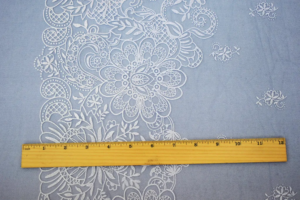 Blue-White Nylon Floral Border Printed Mesh Tulle Knit Fabric