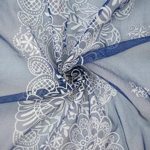Blue-White Nylon Floral Border Printed Mesh Tulle Knit Fabric