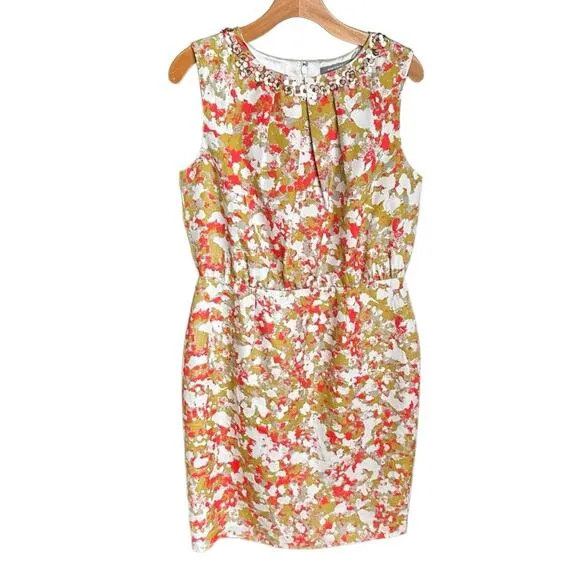 Boden Abstract Silk Sheath Dress Embellished Mustard Yellow Spring Office 10