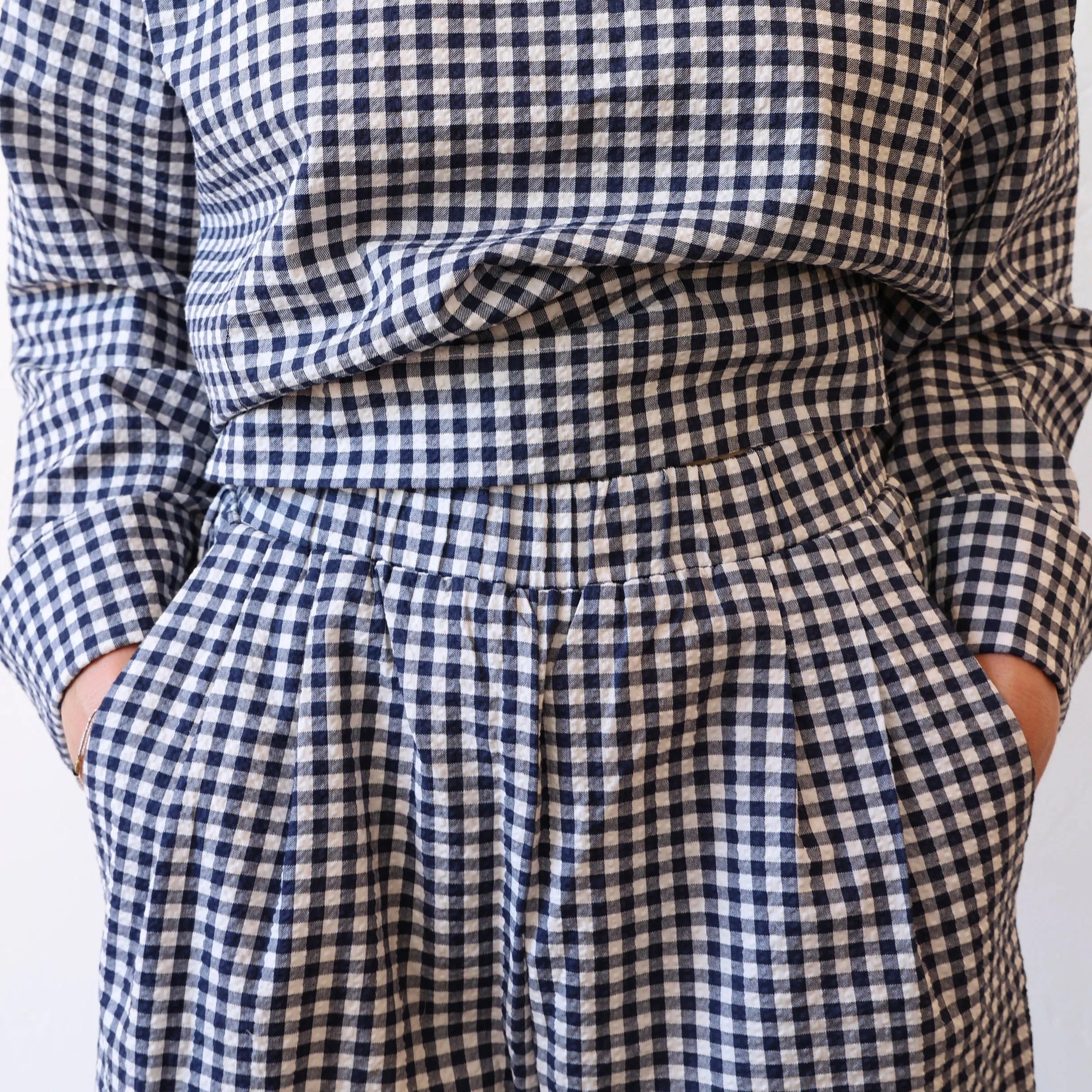 Bon Pleated Pants - Navy Gingham Seersucker