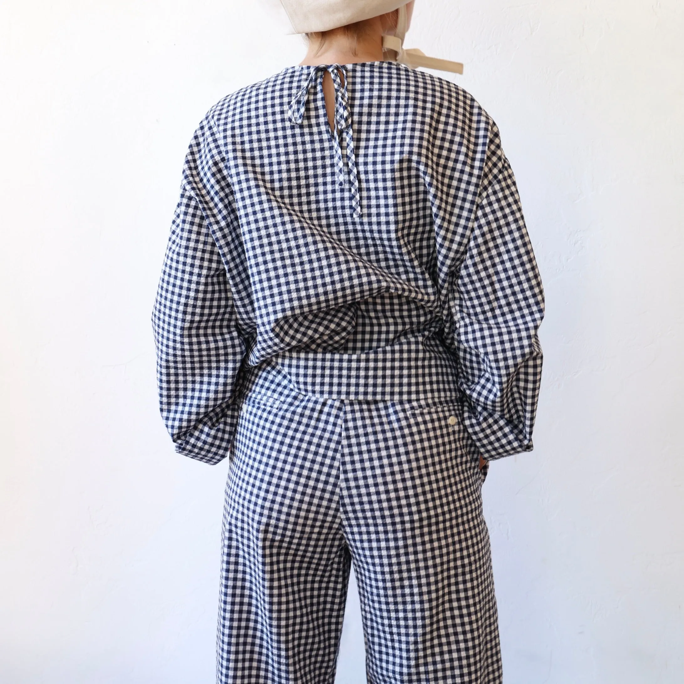 Bon Pleated Pants - Navy Gingham Seersucker