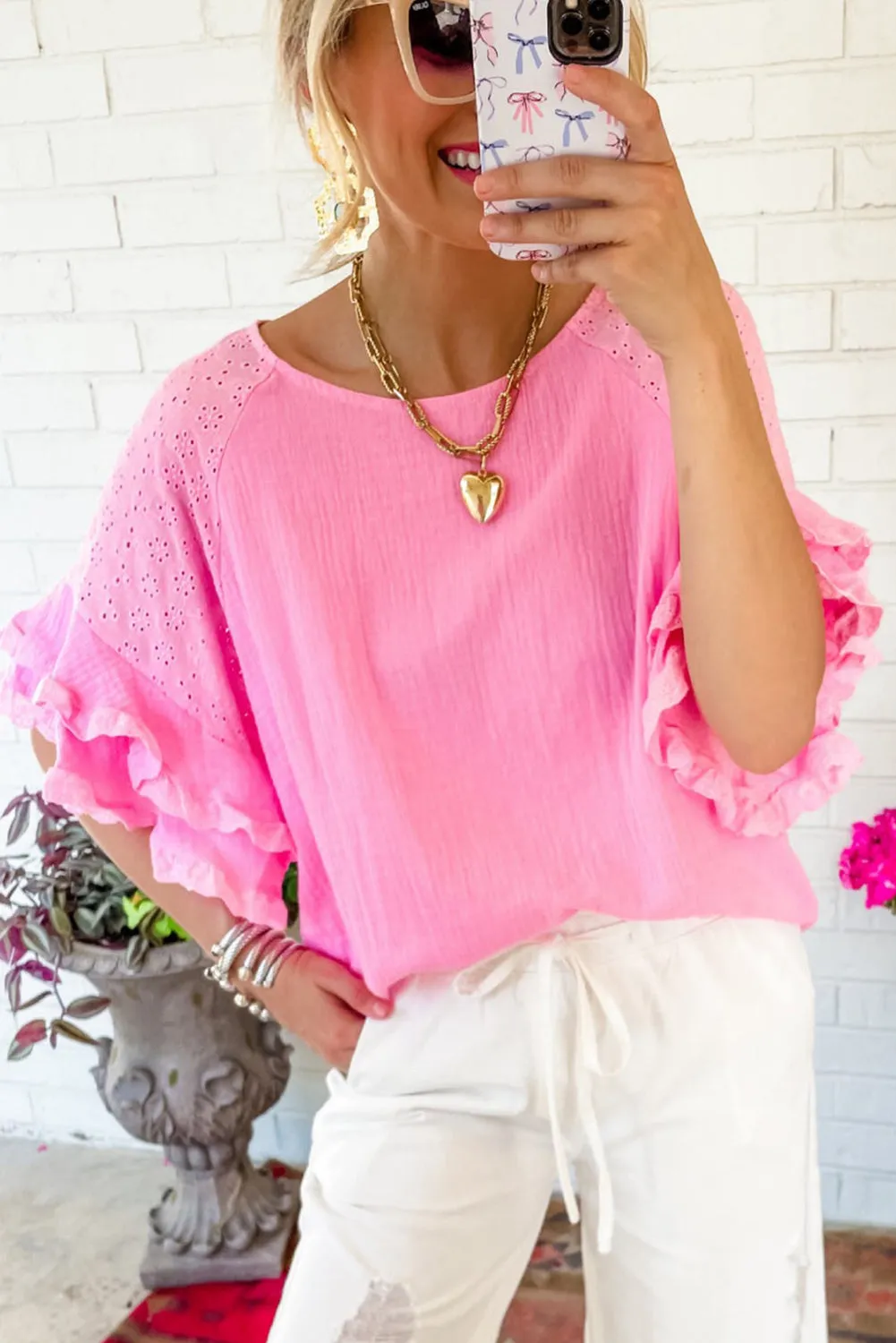 Bonbon Lace Eyelet Ruffled Patchwork Raglan Sleeve Cotton Blend Blouse