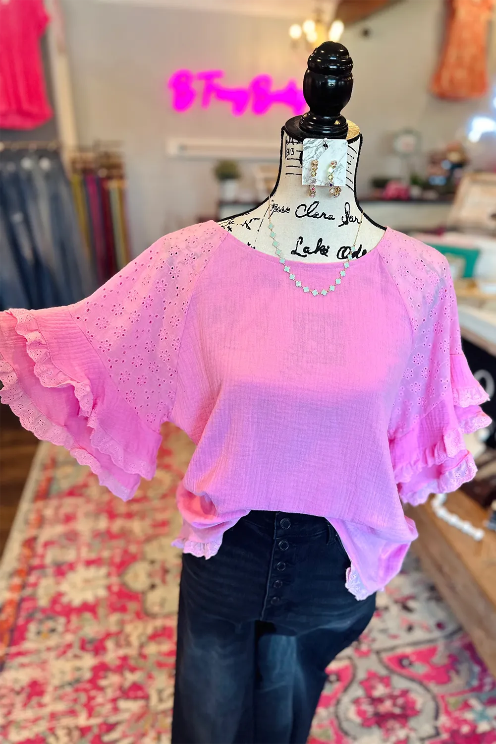 Bonbon Lace Eyelet Ruffled Patchwork Raglan Sleeve Cotton Blend Blouse