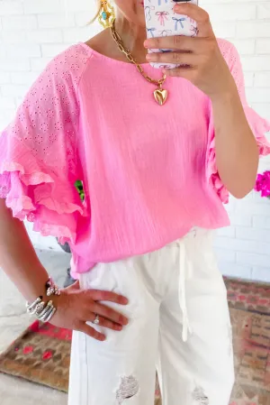 Bonbon Lace Eyelet Ruffled Patchwork Raglan Sleeve Cotton Blend Blouse
