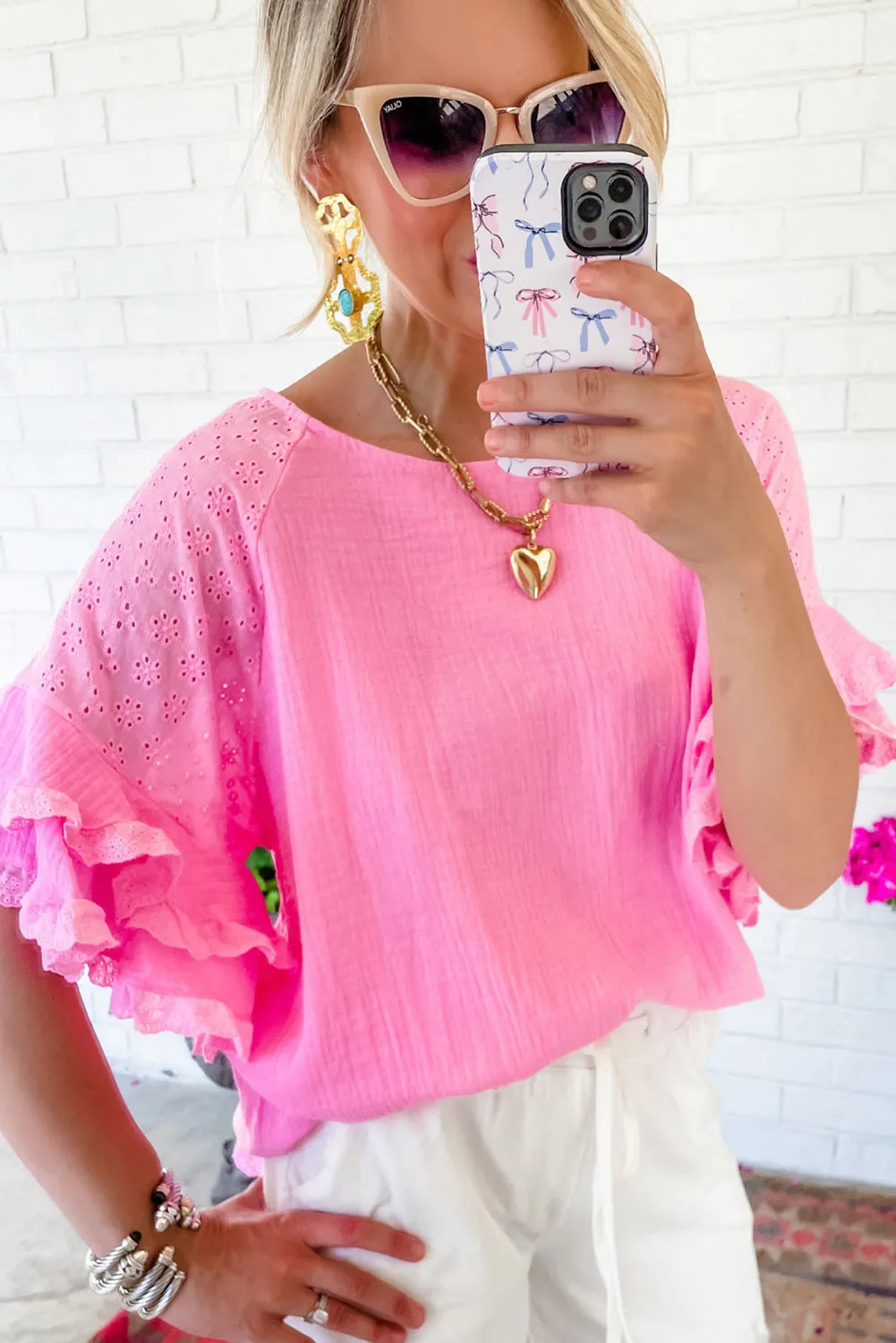 Bonbon Lace Eyelet Ruffled Patchwork Raglan Sleeve Cotton Blend Blouse