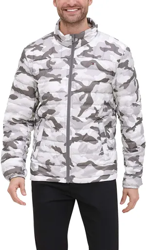 Brand new Men's Tommy Hilfiger Grey Camo Packable Down Puffer Jacket! Ultra Lightweight & Very Warm! Sz L! Retails $195US 