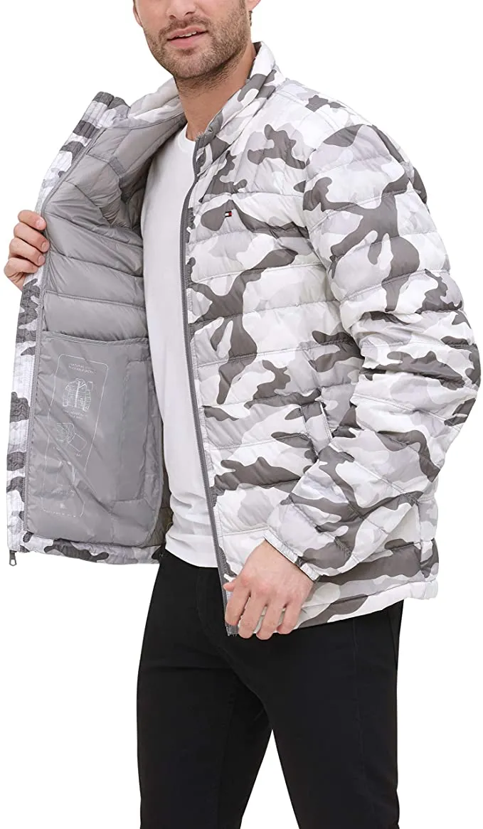 Brand new Men's Tommy Hilfiger Grey Camo Packable Down Puffer Jacket! Ultra Lightweight & Very Warm! Sz L! Retails $195US 
