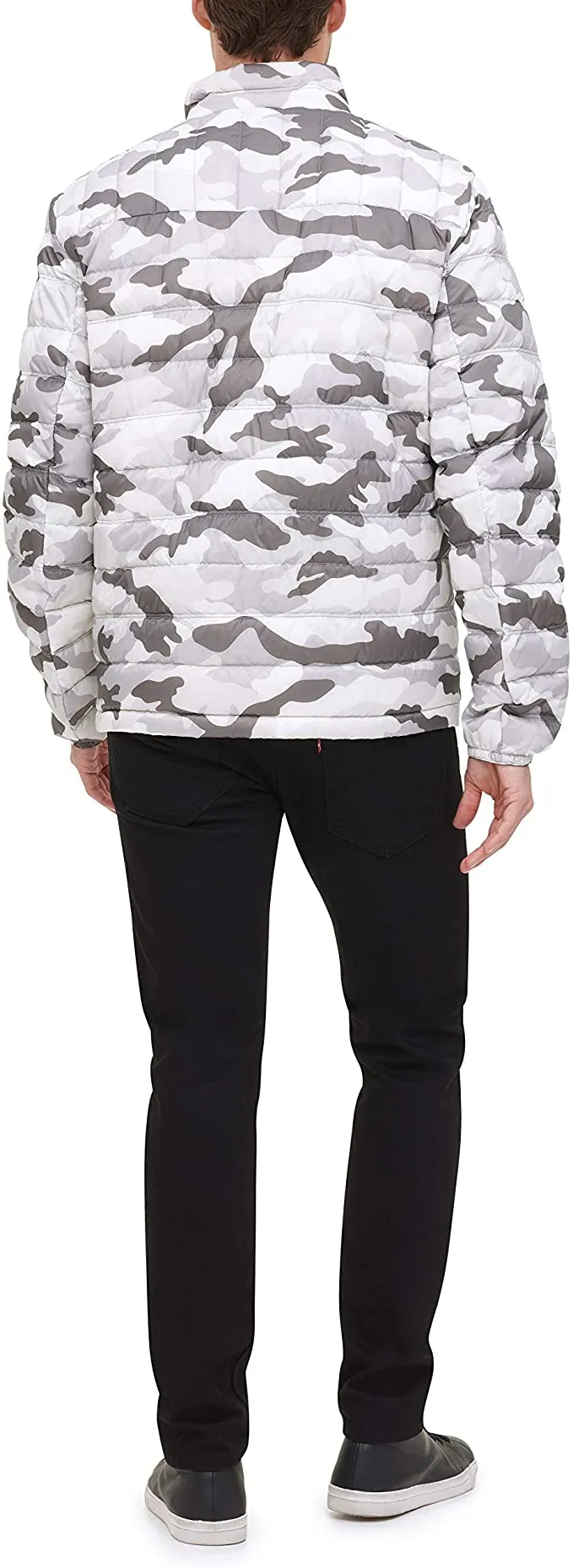 Brand new Men's Tommy Hilfiger Grey Camo Packable Down Puffer Jacket! Ultra Lightweight & Very Warm! Sz L! Retails $195US 