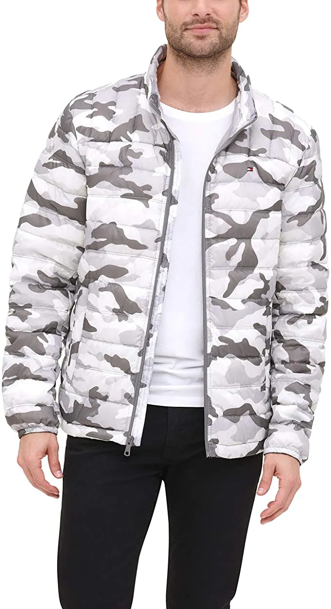 Brand new Men's Tommy Hilfiger Grey Camo Packable Down Puffer Jacket! Ultra Lightweight & Very Warm! Sz L! Retails $195US 