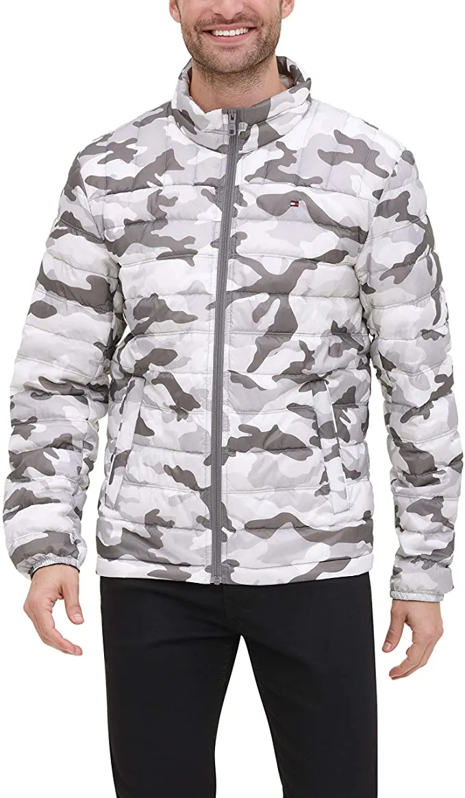 Brand new Men's Tommy Hilfiger Grey Camo Packable Down Puffer Jacket! Ultra Lightweight & Very Warm! Sz L! Retails $195US 