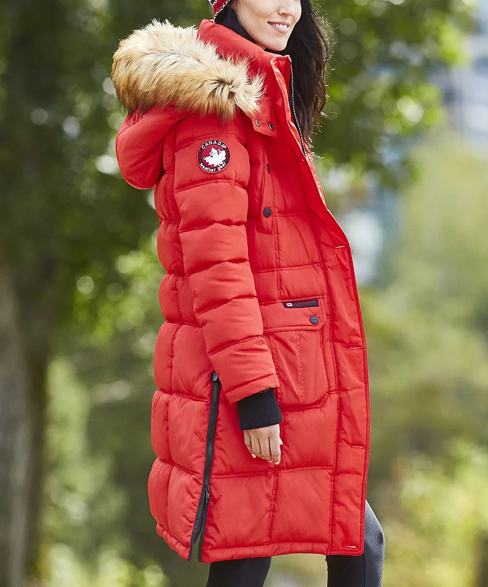 Brand new Red Faux Fur-Trim Long Puffer Coat - Women's Canada Weather Gear! Sz L! Retails $280 