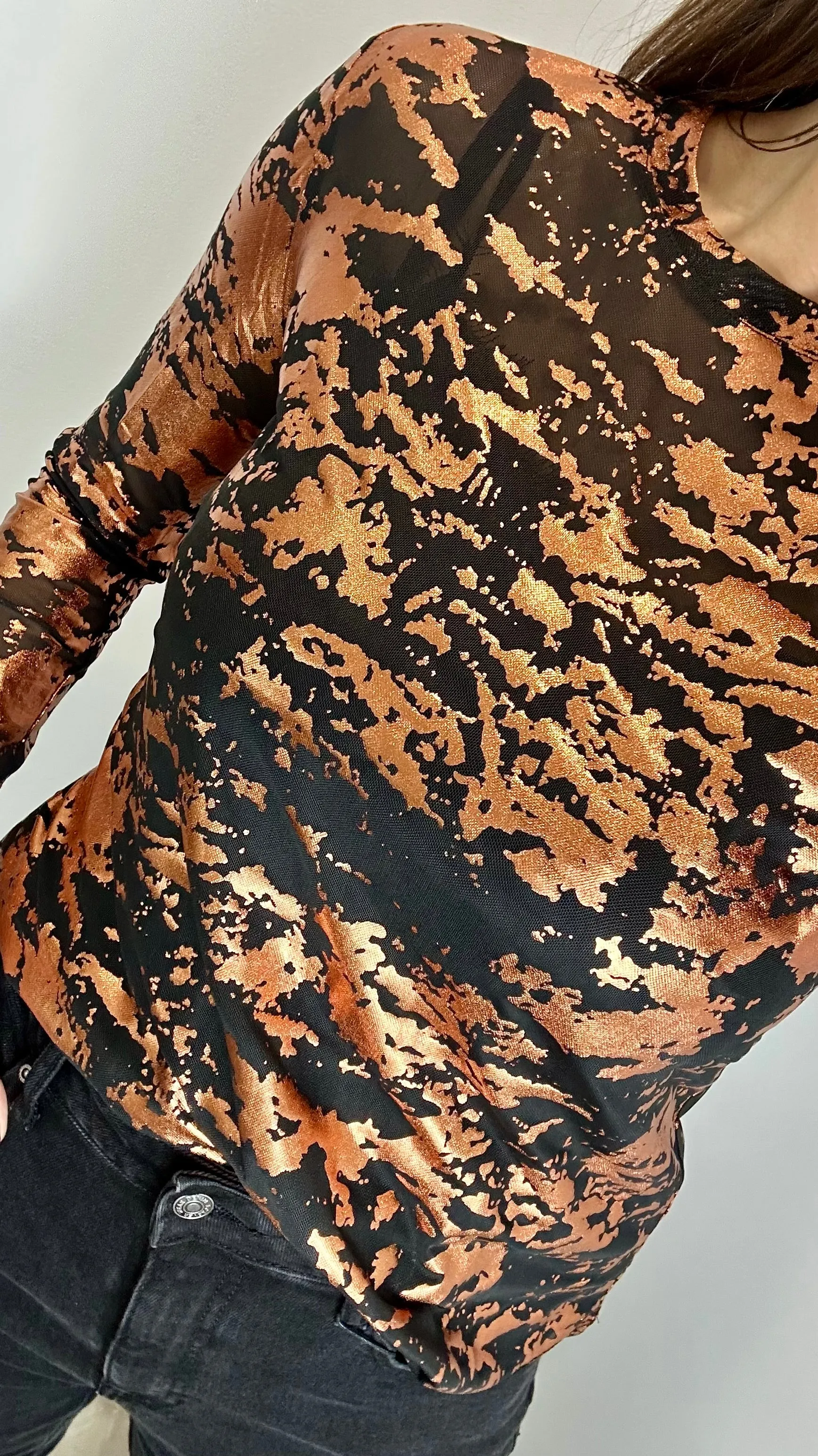 BRONZE PRINTED BLACK SHEER TOP