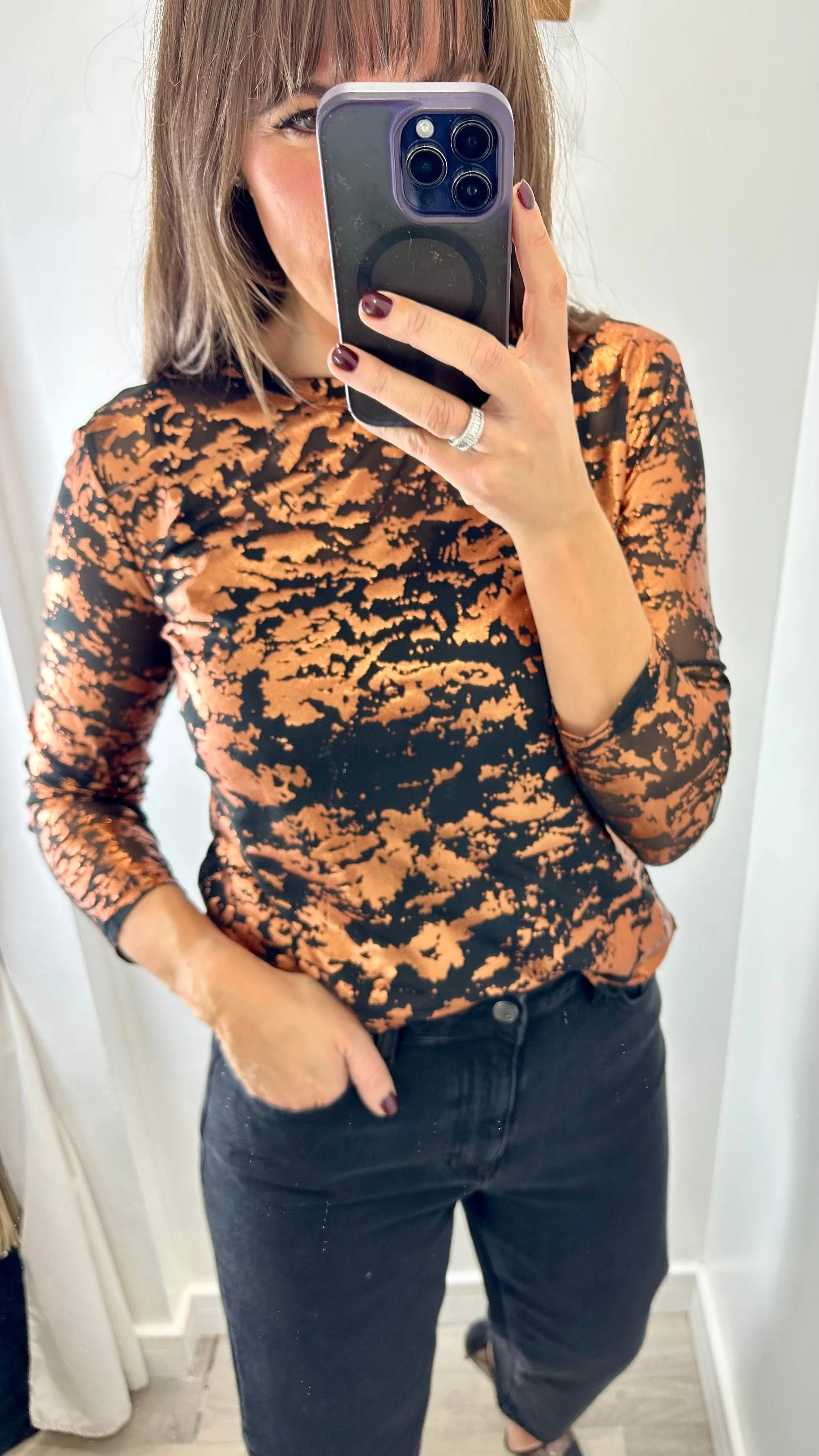 BRONZE PRINTED BLACK SHEER TOP