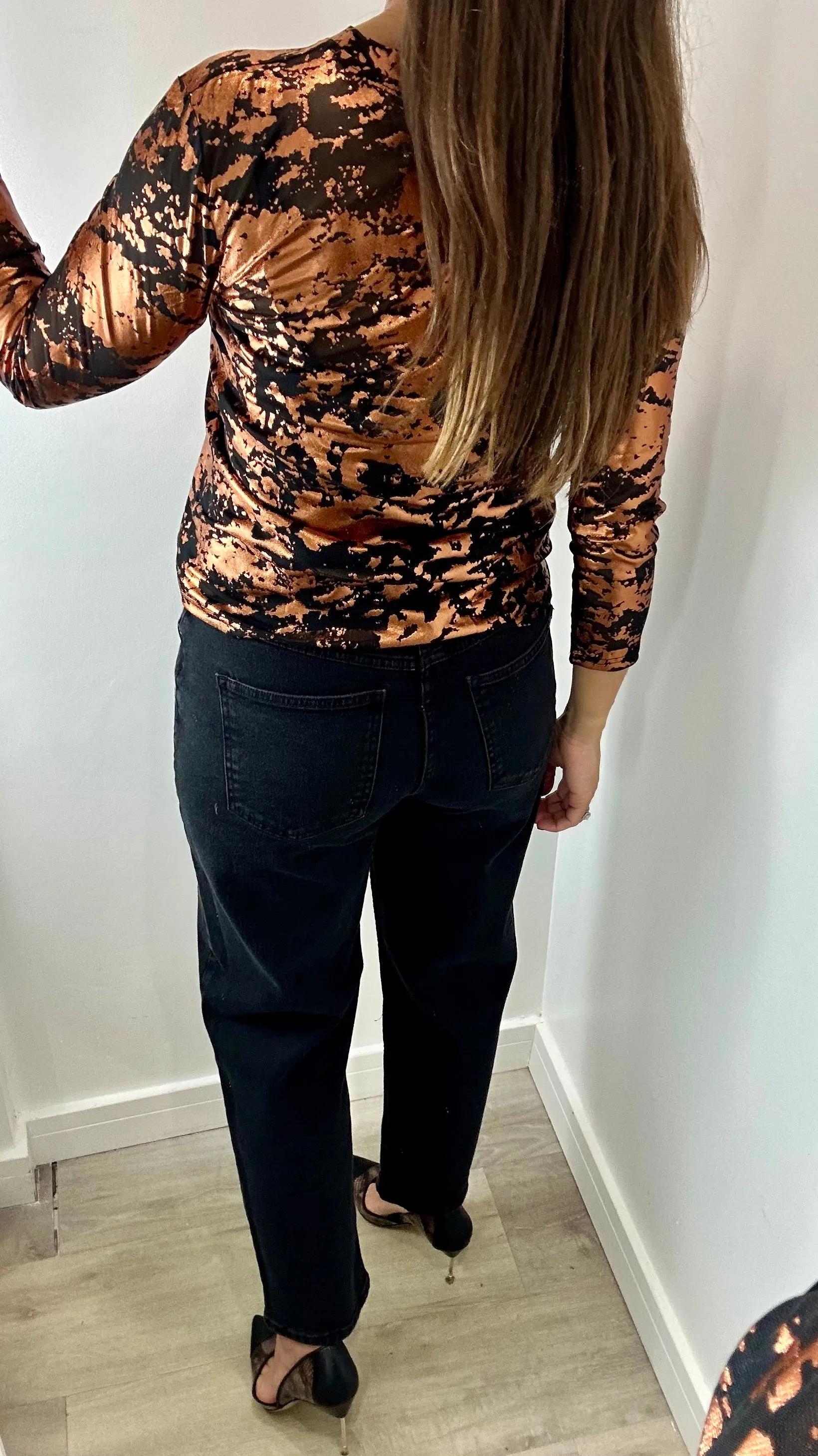 BRONZE PRINTED BLACK SHEER TOP