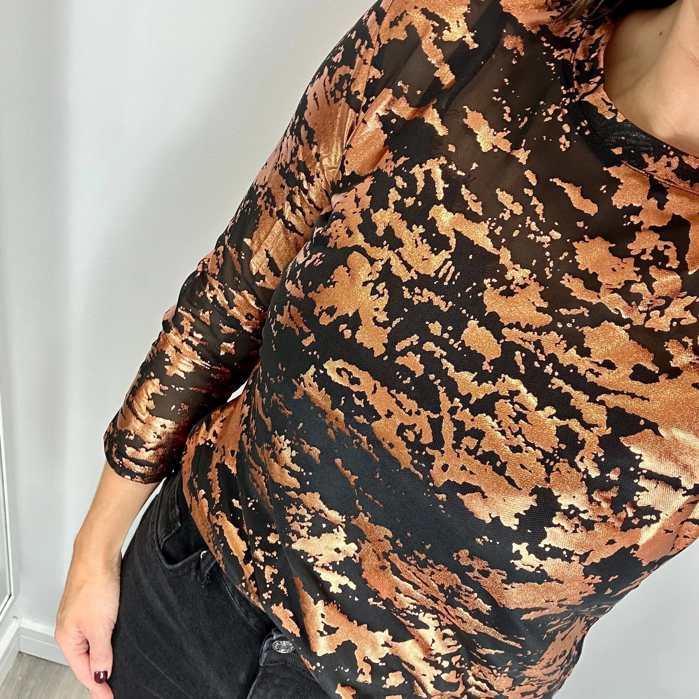 BRONZE PRINTED BLACK SHEER TOP