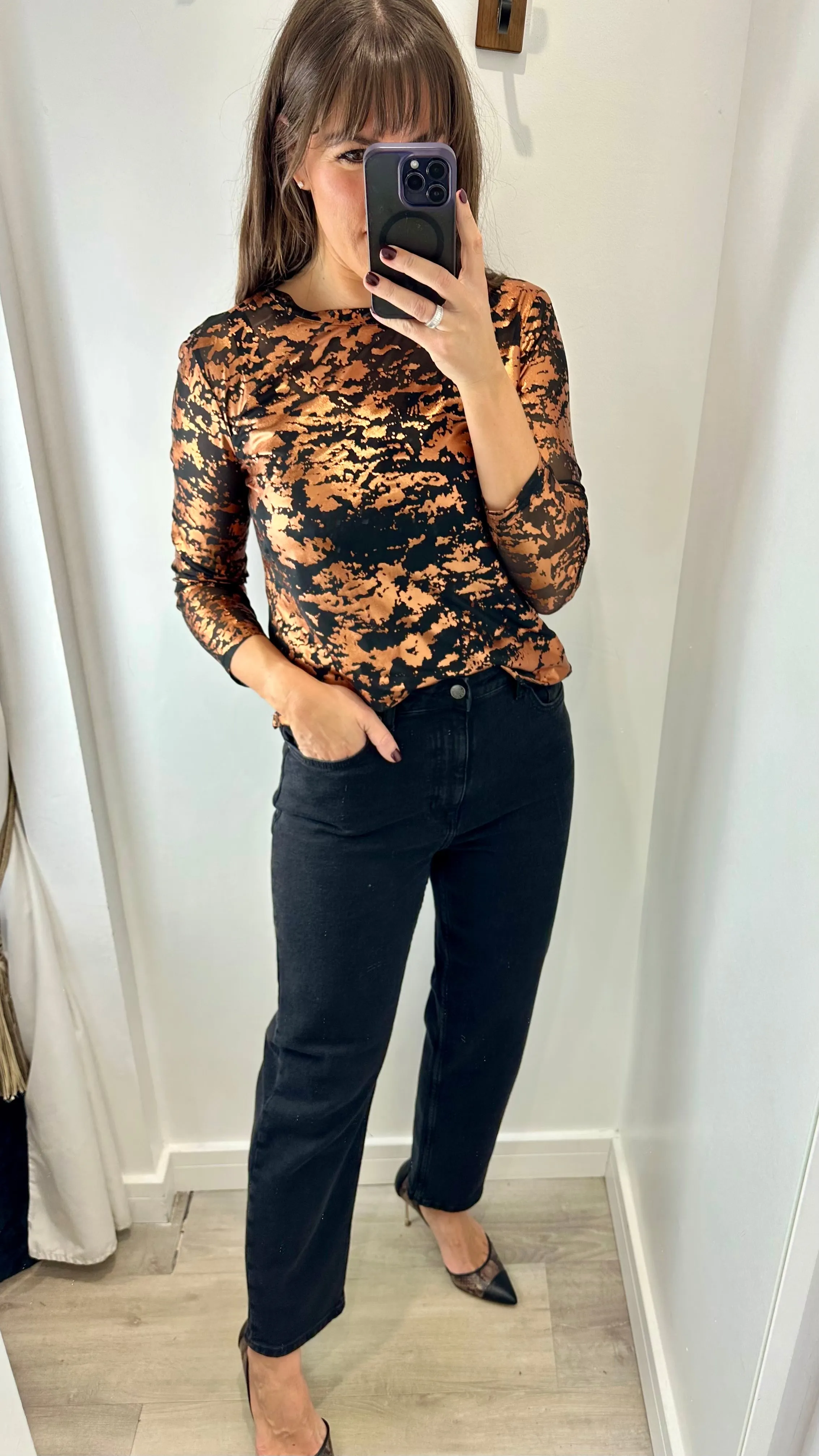 BRONZE PRINTED BLACK SHEER TOP