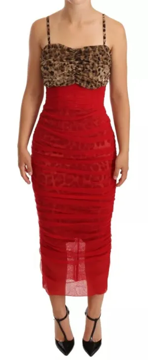 Brown Leopard Red Tulle Sheath Midi Dress