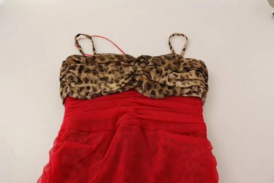 Brown Leopard Red Tulle Sheath Midi Dress