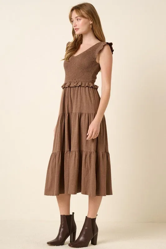 Brown Smocked Ruffled Tiered Midi Dress
