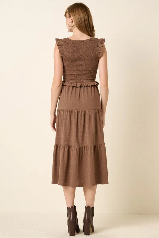 Brown Smocked Ruffled Tiered Midi Dress