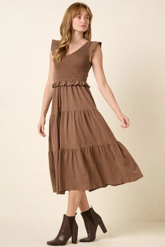 Brown Smocked Ruffled Tiered Midi Dress