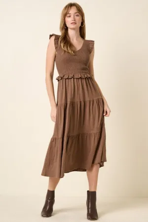 Brown Smocked Ruffled Tiered Midi Dress