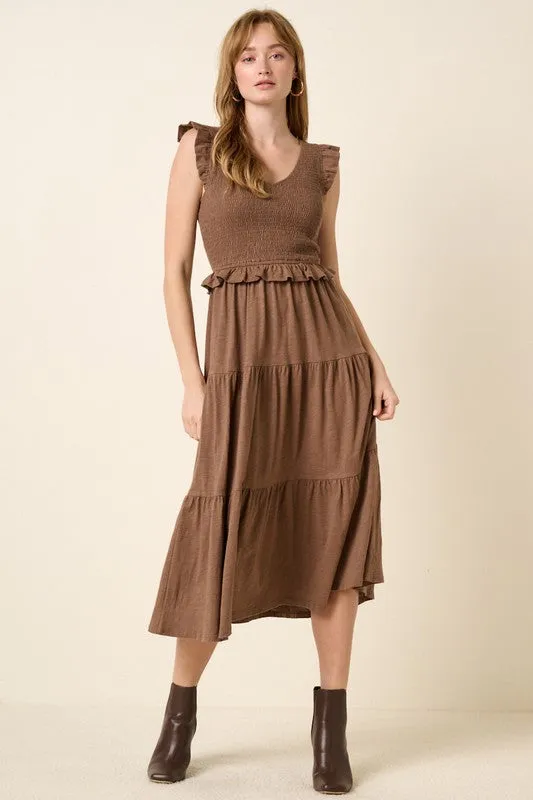 Brown Smocked Ruffled Tiered Midi Dress