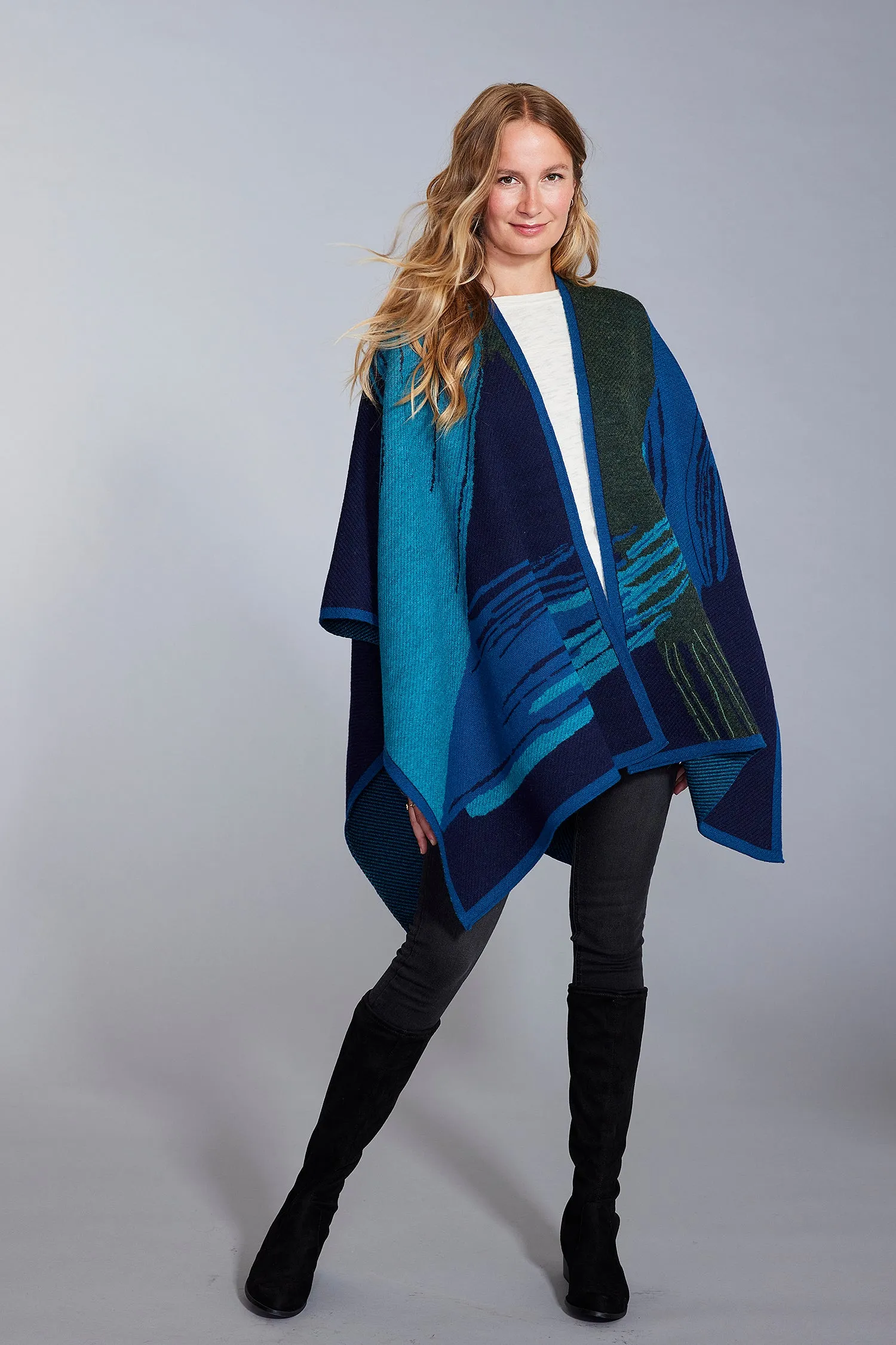 Brushstroke Embroidered Baby Alpaca Poncho - Women's Ruana Wrap
