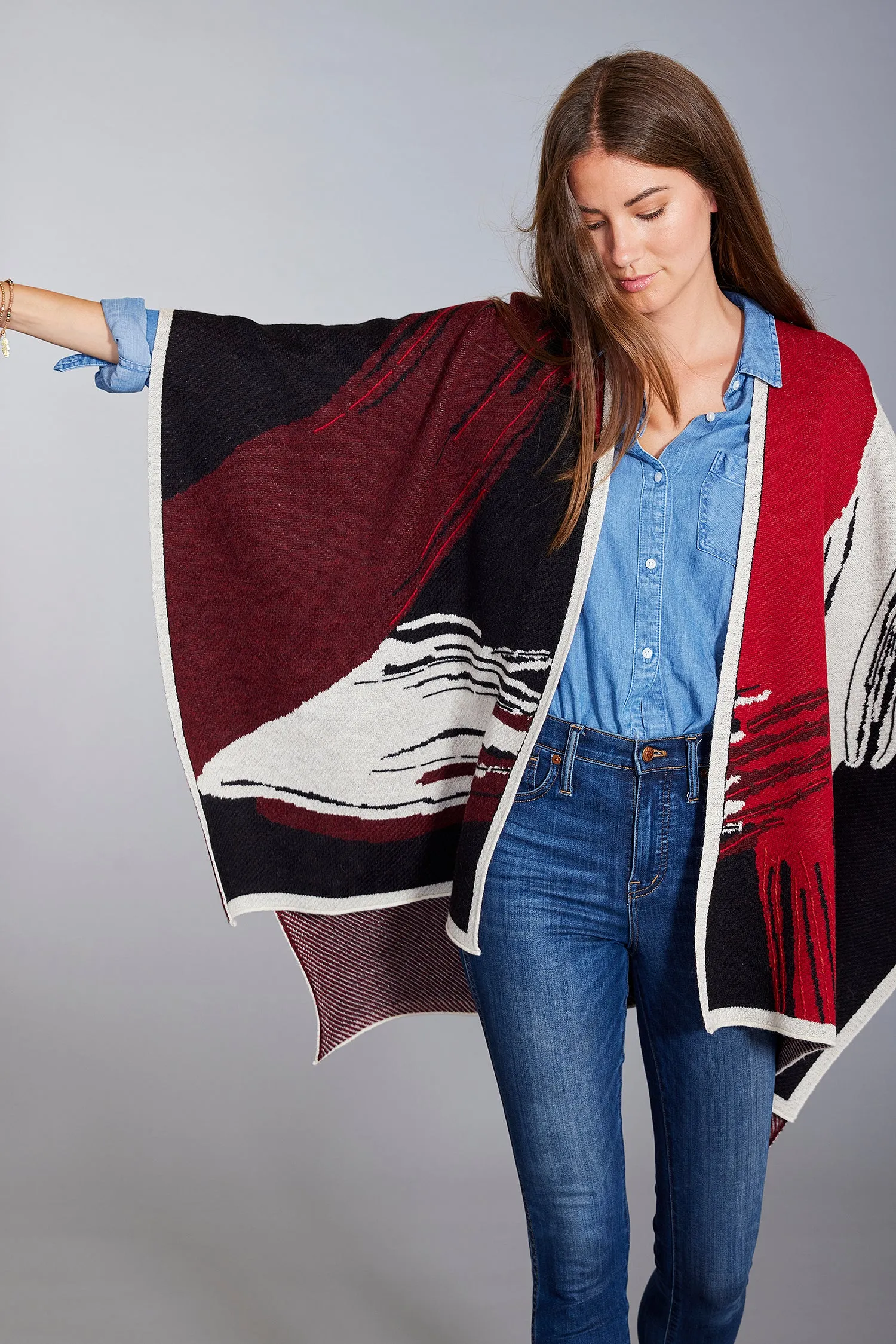 Brushstroke Embroidered Baby Alpaca Poncho - Women's Ruana Wrap
