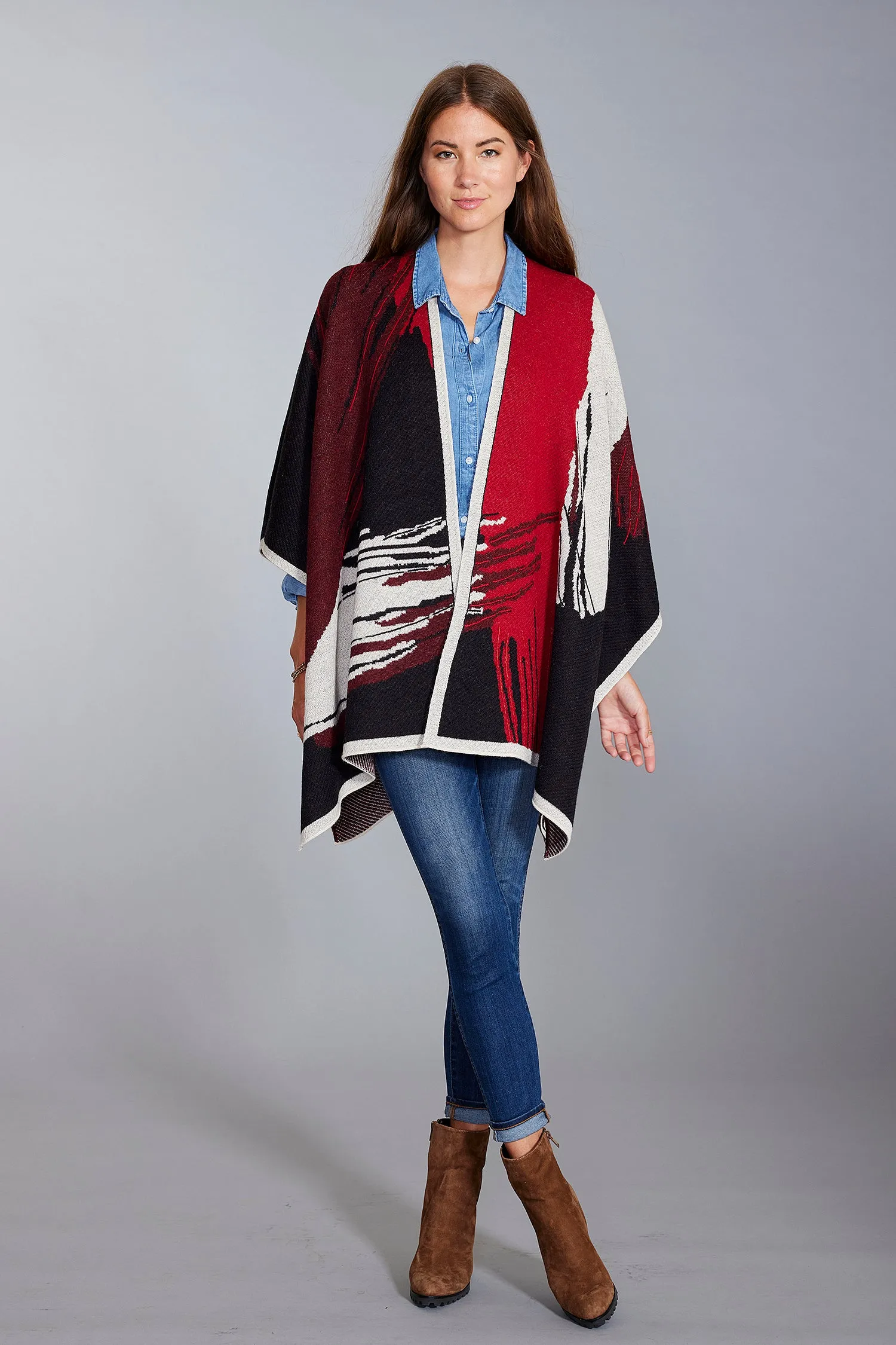 Brushstroke Embroidered Baby Alpaca Poncho - Women's Ruana Wrap