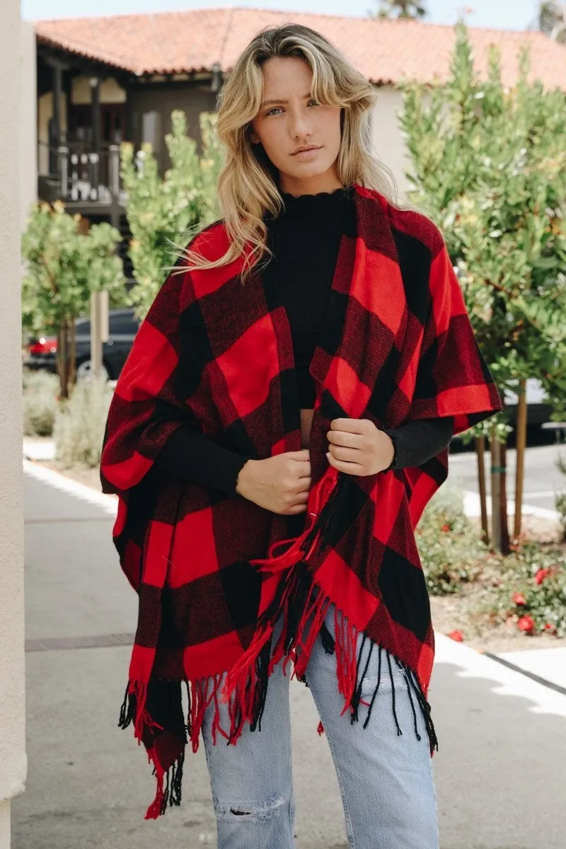 Buffalo Check Tassel Poncho