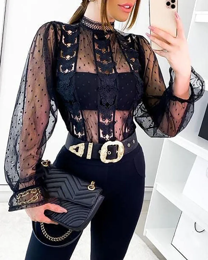 Butterfly Pattern Dot Mesh Long Sleeve Top