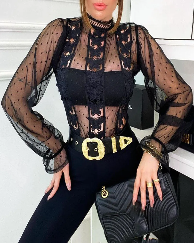 Butterfly Pattern Dot Mesh Long Sleeve Top