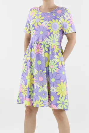 Candy Flower - Short Sleeve Skater Dress - Knee Length - Side Pockets