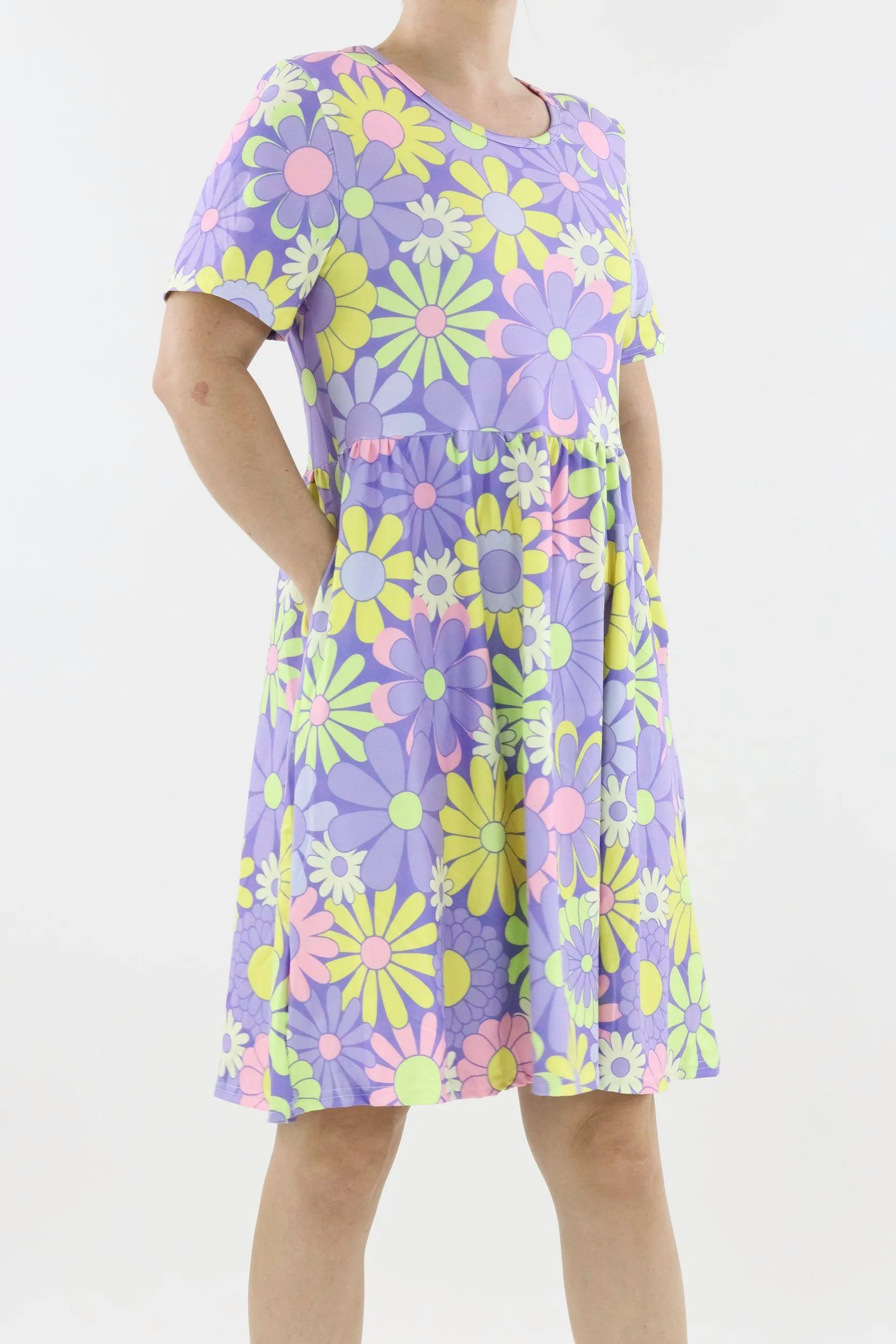 Candy Flower - Short Sleeve Skater Dress - Knee Length - Side Pockets