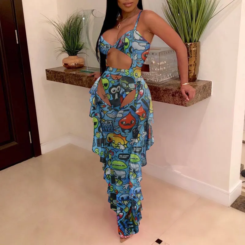 Cartoon Pattern Sheer Mesh Swimsuit Set