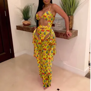 Cartoon Pattern Sheer Mesh Swimsuit Set