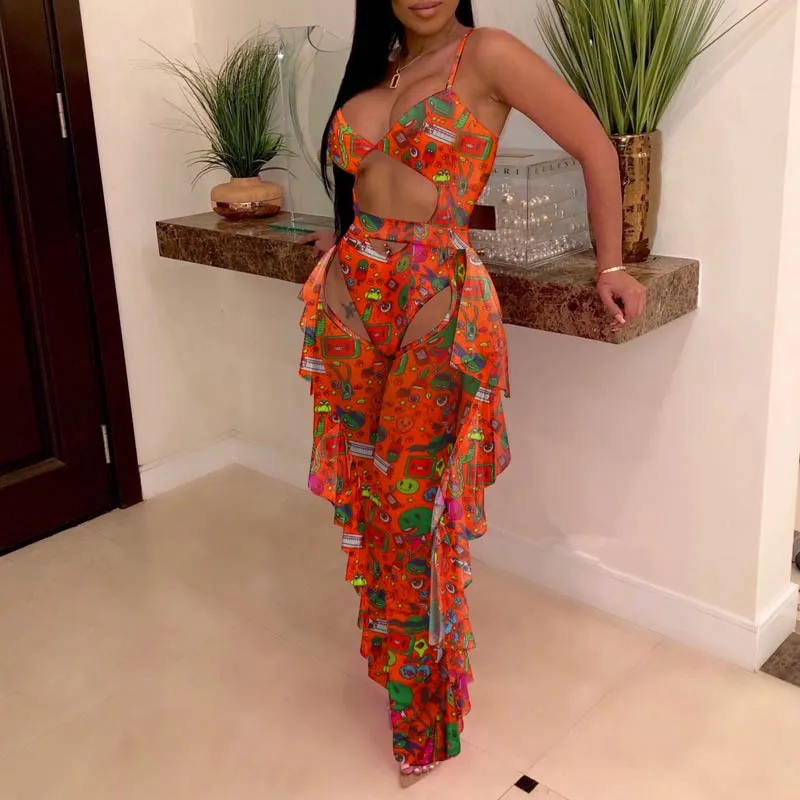 Cartoon Pattern Sheer Mesh Swimsuit Set