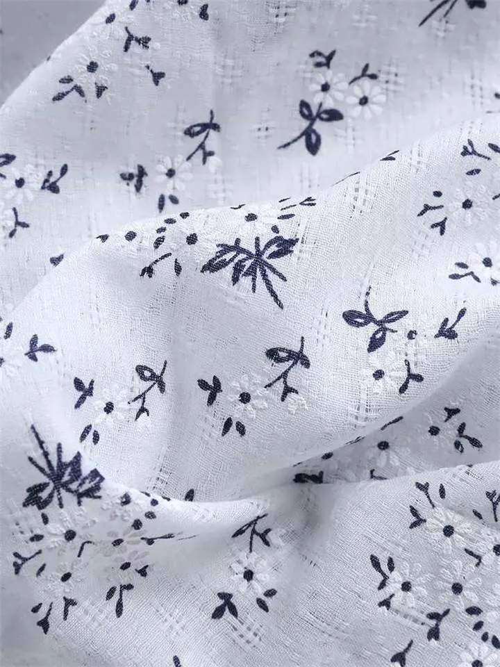 Casual Style Stand Collar Floral Button Up Midi Length Cotton Linen Blouse
