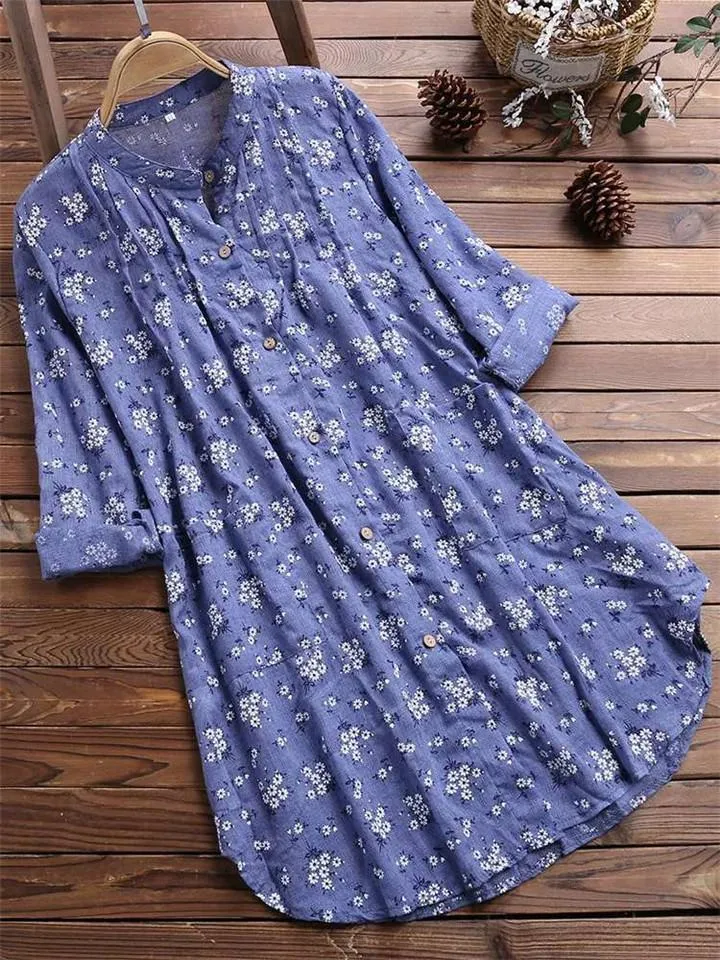 Casual Style Stand Collar Floral Button Up Midi Length Cotton Linen Blouse