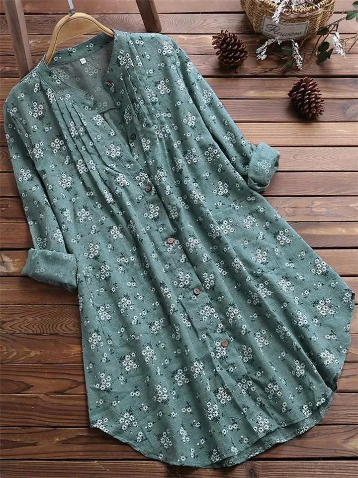 Casual Style Stand Collar Floral Button Up Midi Length Cotton Linen Blouse