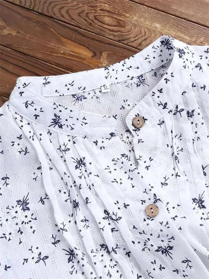 Casual Style Stand Collar Floral Button Up Midi Length Cotton Linen Blouse