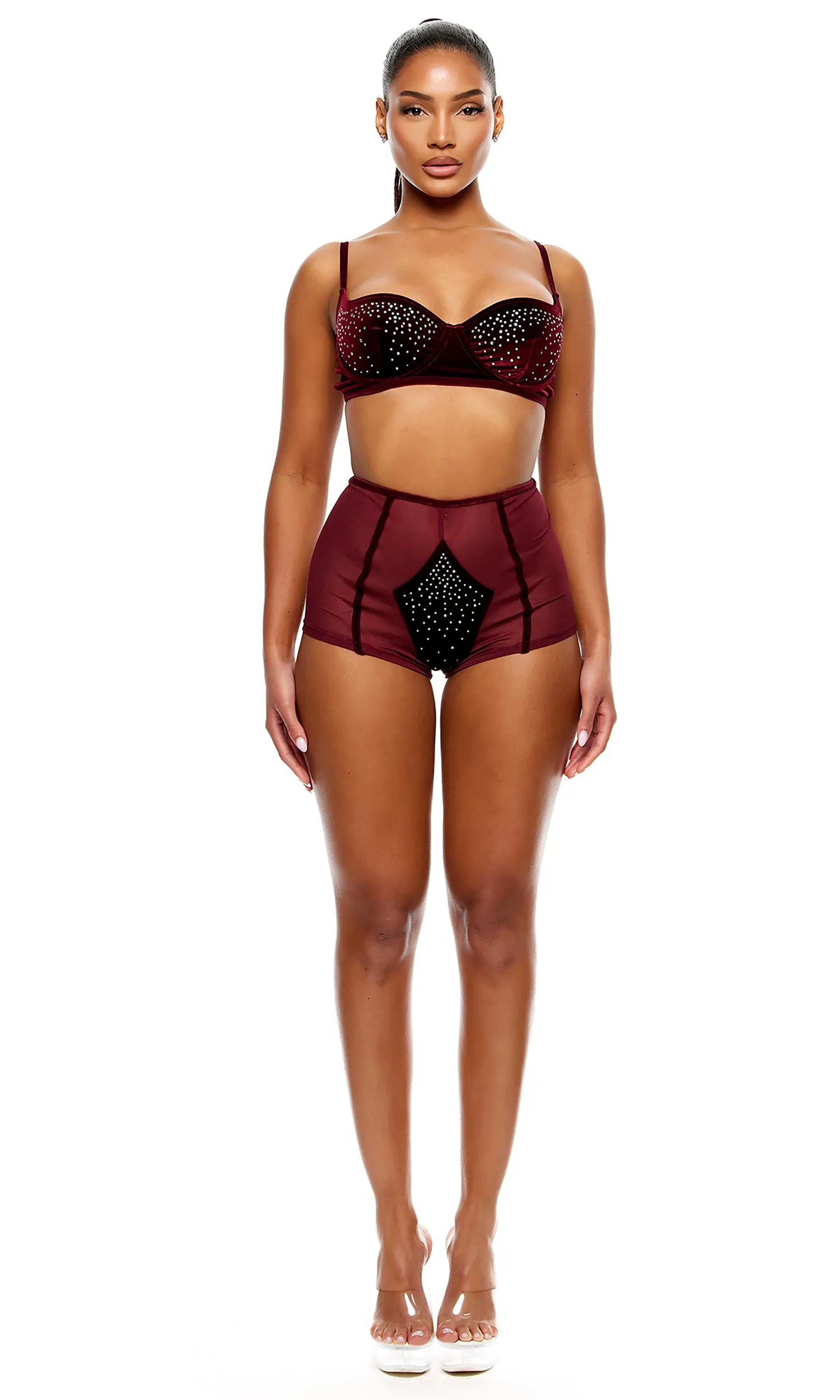 Caught Your Eye Velvet Rhinestone Bra and Briefs Set