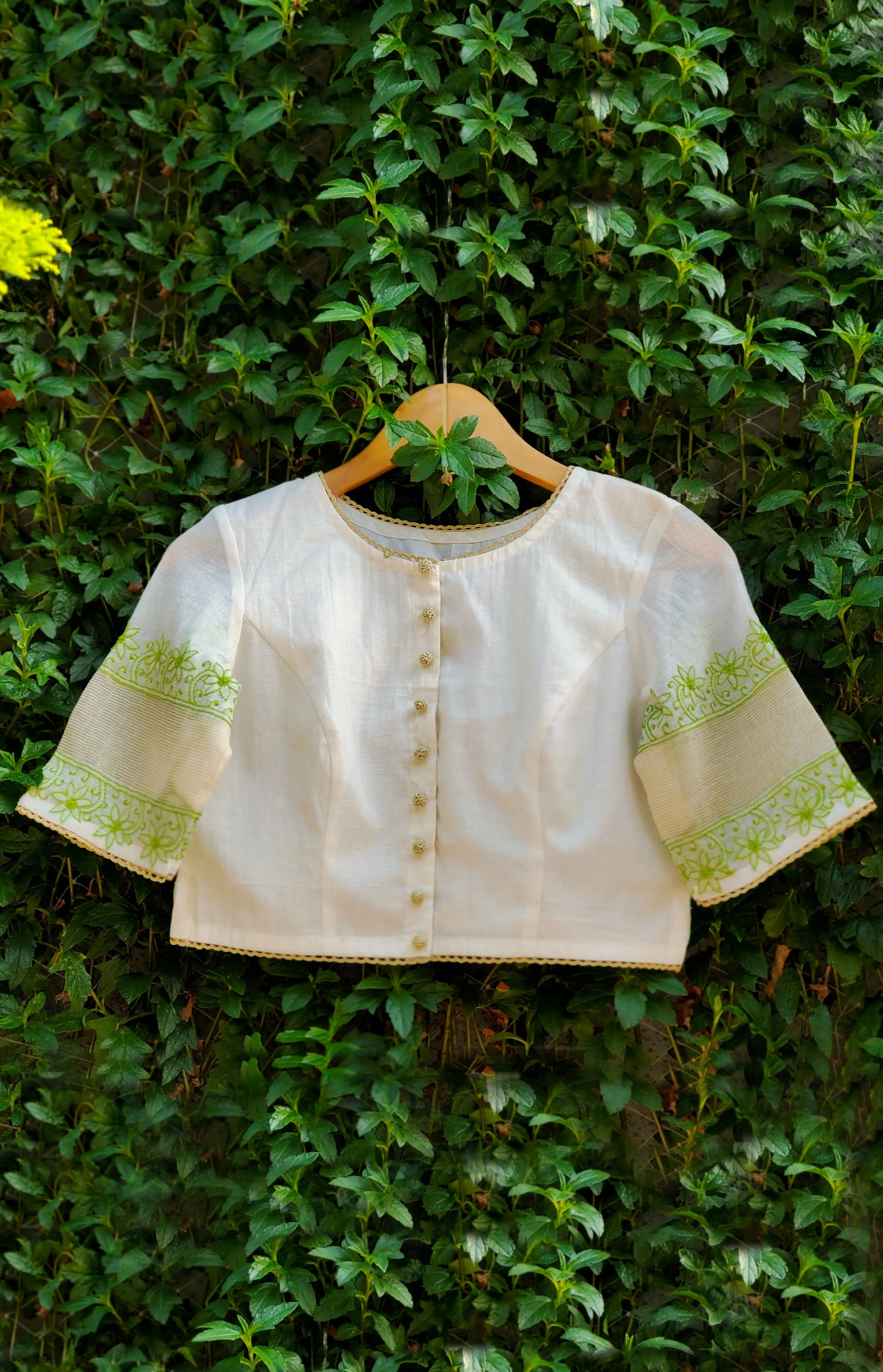 Chanderi Blouse with Green Chikankari Embroidery