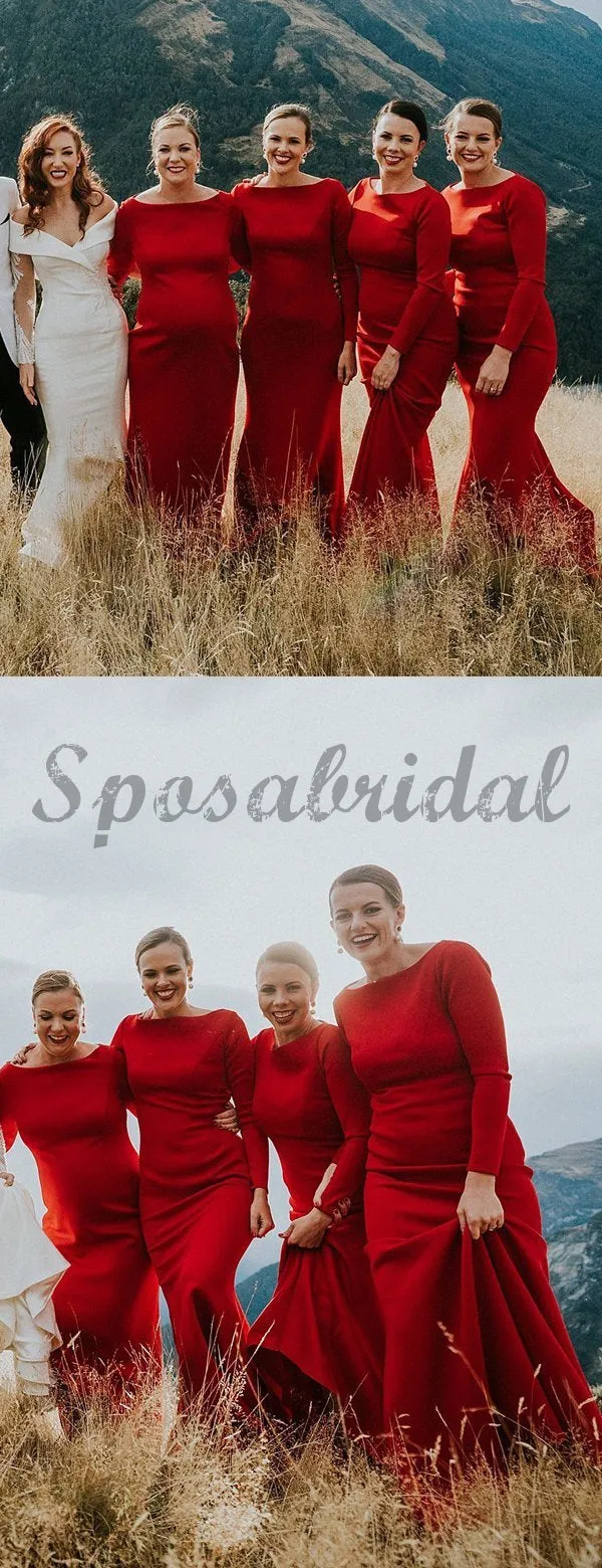 Cheap Modest Mermaid Red Jersey Long Sleeve Sheath Long Bridesmaid Dresses WG586
